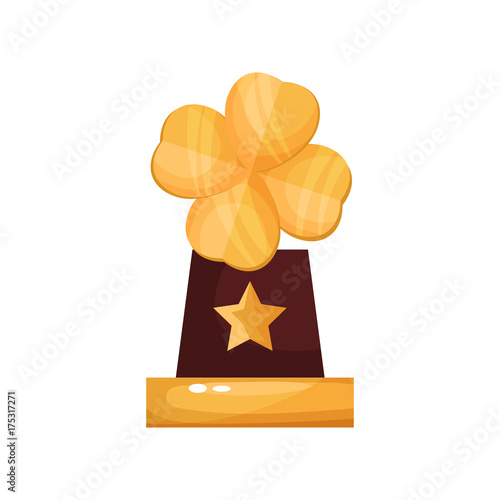 Golden award with clover leaf, trophy statuette cartoon vector Illustration