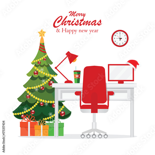 Christmas and New Year in modern office workplace interior .