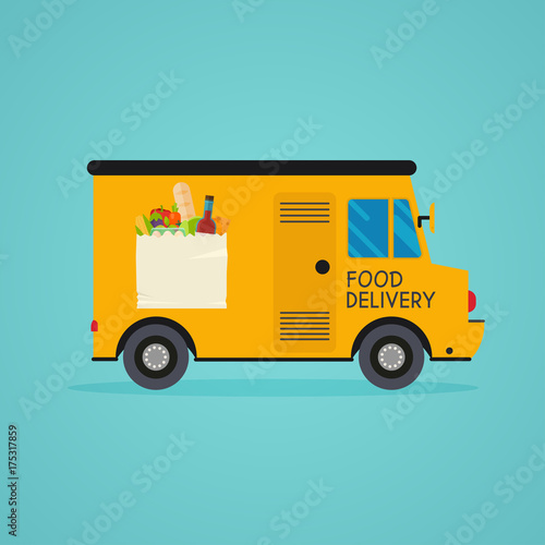 Food delivery. Meal-kit delivery service. Online ordering of food, grocery delivery, e-commerce. Flat design modern vector illustration concept.