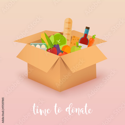 Time to donate. Food donation. Boxes full of food. Vector concept illustrations.