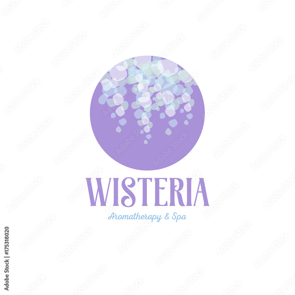 Wisteria logo. Aromatherapy and spa emblems. A cluster of flowers in a lavender circle. 