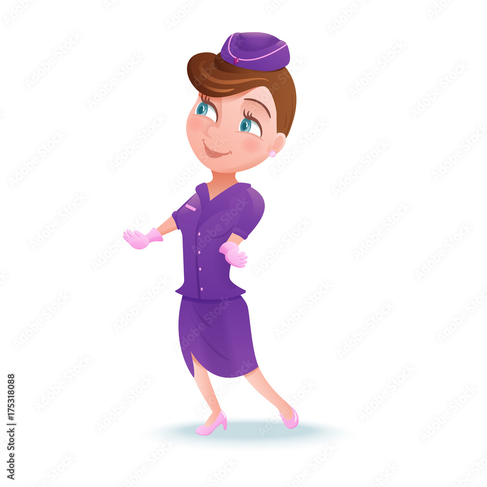 Stewardess cartoon character, airline crew member, cute girl in violet uniform doing safety briefing, vector illustration Stewardess cartoon character, airline crew member, cute girl in violet uniform doing safety briefing, vector illustration