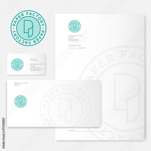 Paper factory logo. P monogram. Roll of paper logo and identity. Envelope,letterhead, letter, and business cards.