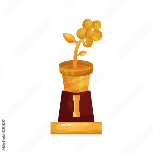 Golden statuette of flower pot, floristry and gardening award cartoon vector Illustration