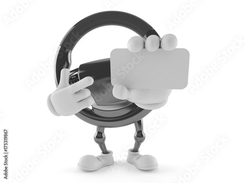 Car steering wheel character holding blank business card