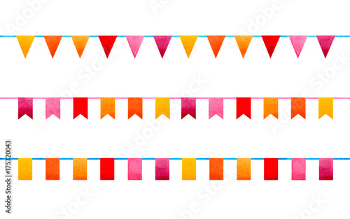Watercolor painting colorful flags garland isolated on white background.Hot,summer color flag garland,bright buntings garlands illustration for invitation card design,carnival,greetings,event backdrop