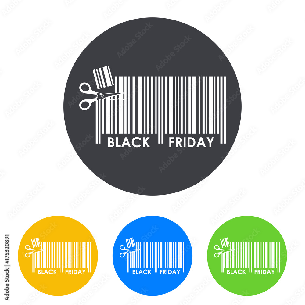 Icono plano codigo de barras tijeras BLACK FRIDAY en circulo varios colores Icono plano codigo de barras tijeras BLACK FRIDAY en circulo varios colores