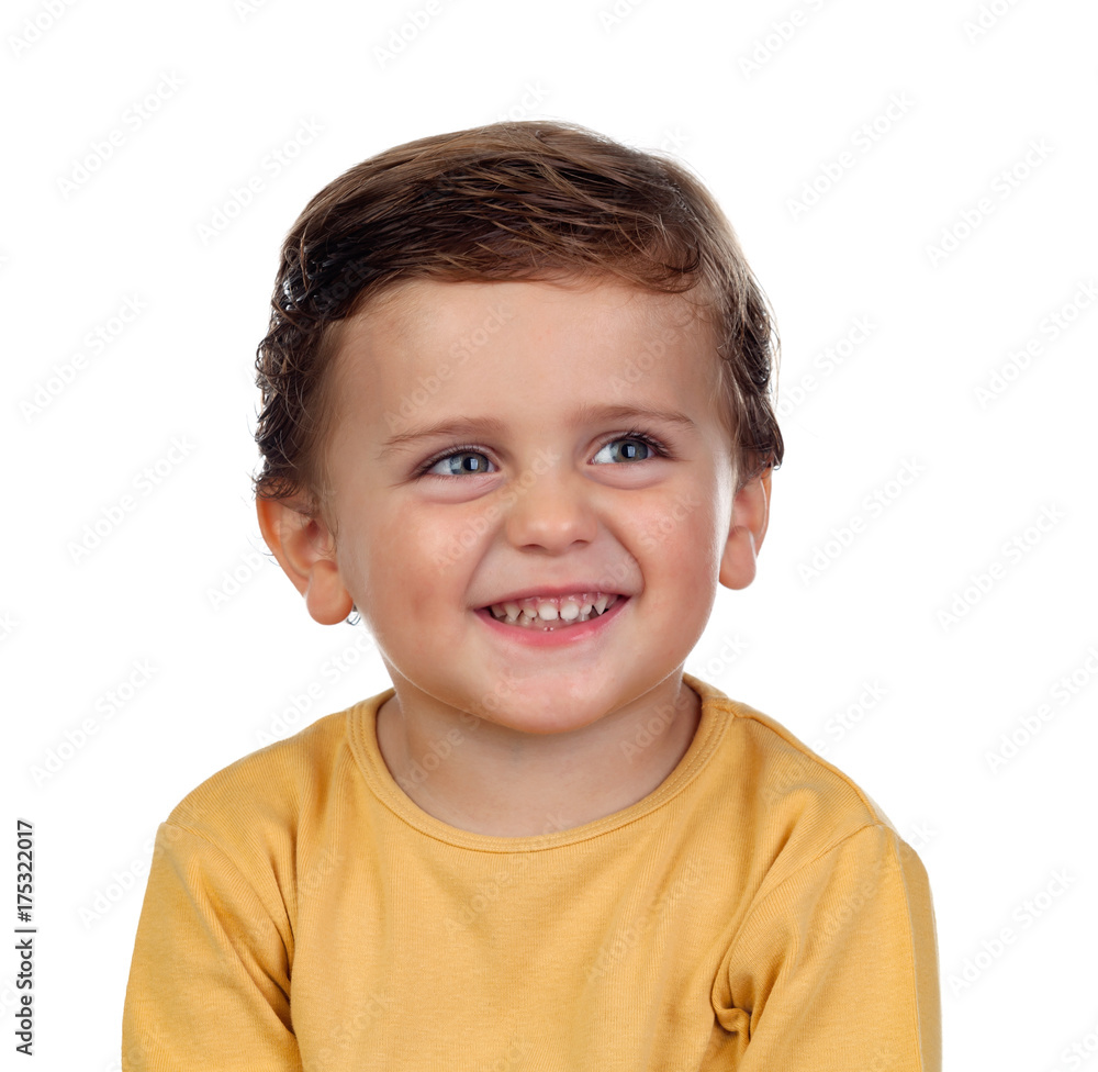 Adorable small child two years old with yellow t-shirt Adorable small child two years old with yellow t-shirt