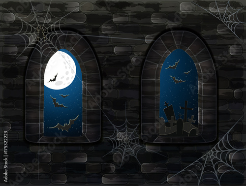 Medieval windows in magic castle. Happy halloween background, vector illustration