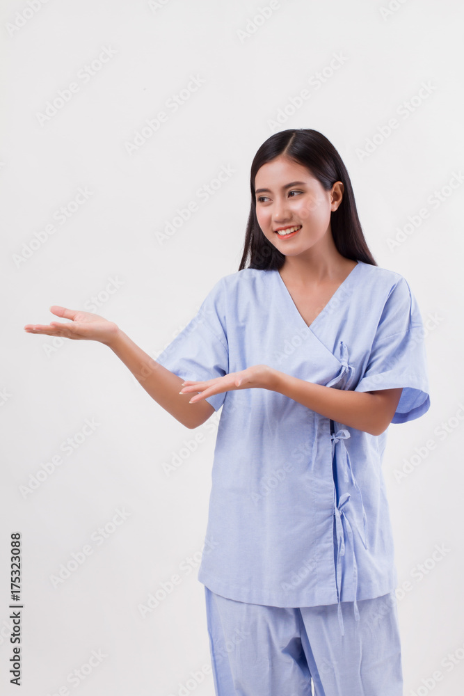 woman patient pointing or showing hand gesture to blank space woman patient pointing or showing hand gesture to blank space