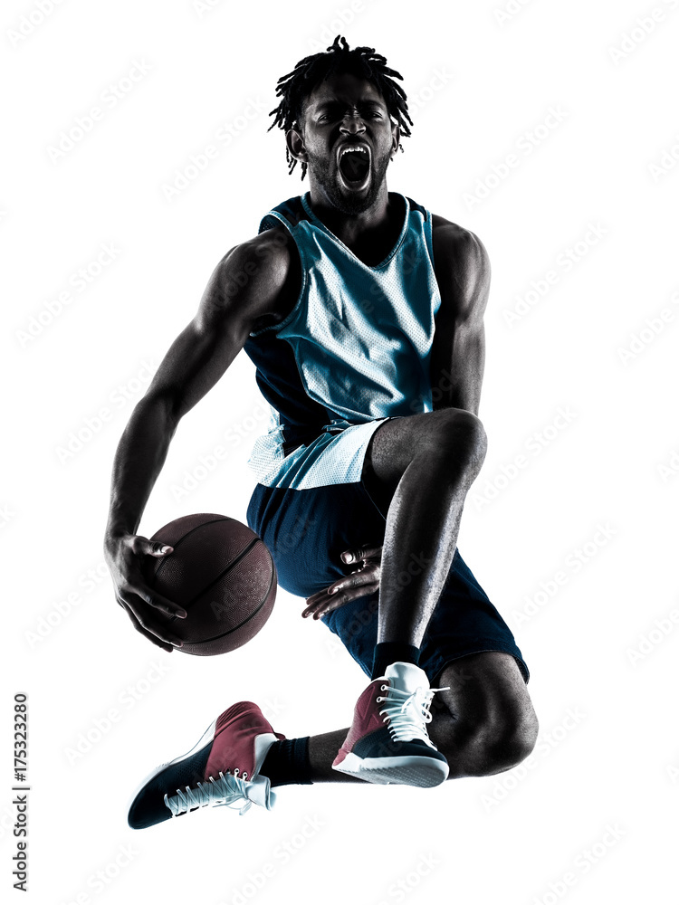 Naklejka premium one afro-american african basketball player man isolated in silhouette shadow on white background