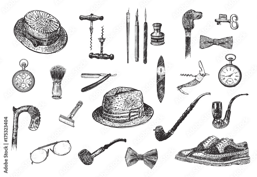 Victorian Era Collection, Gentleman's vintage accessories doodle  collection. Hand drawn men illustrations set. Vintage vector engraving  style Stock Vector | Adobe Stock