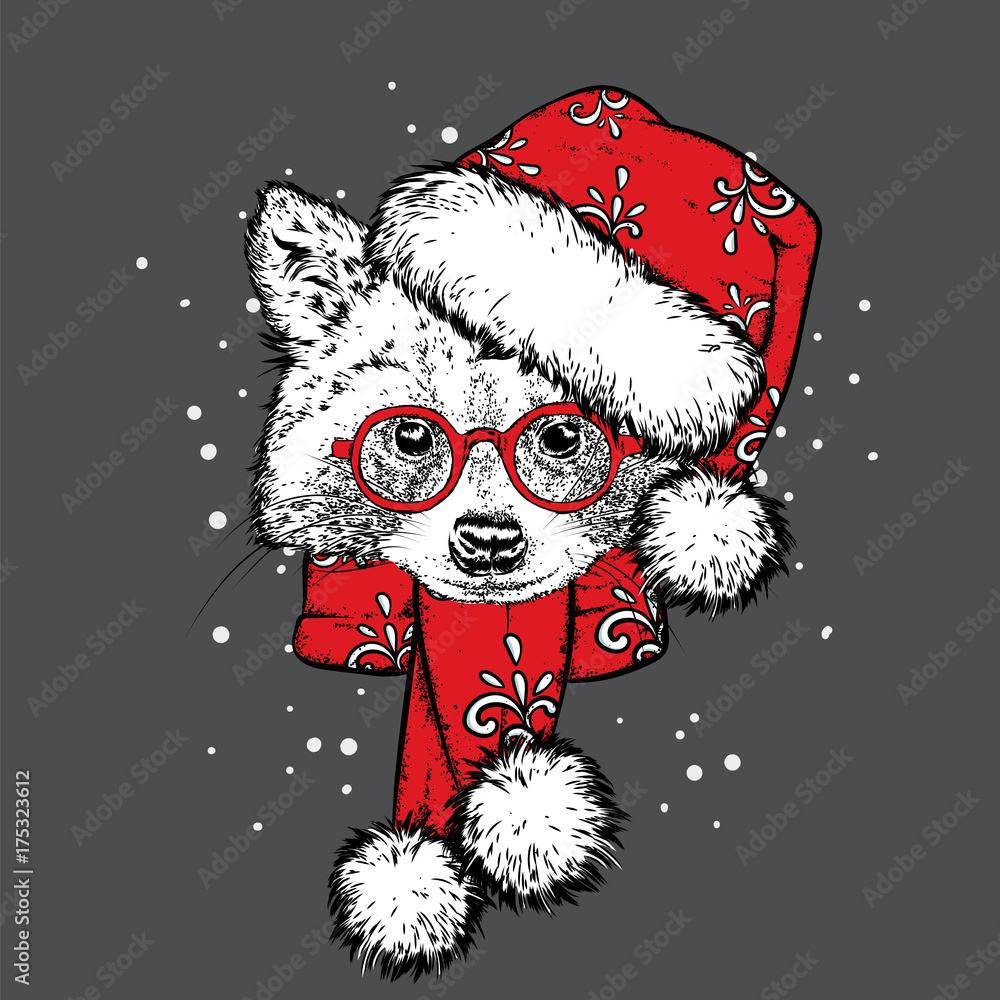 Obraz premium Cute raccoon in a New Year hat and scarf. Vector illustration. Santa Claus. New Year's and Christmas.