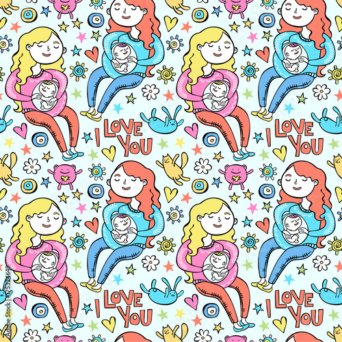 I love you. Pregnant girl. Future mom and her baby. Stuffed Toys. Hearts and stars. Seamless vector pattern (background).