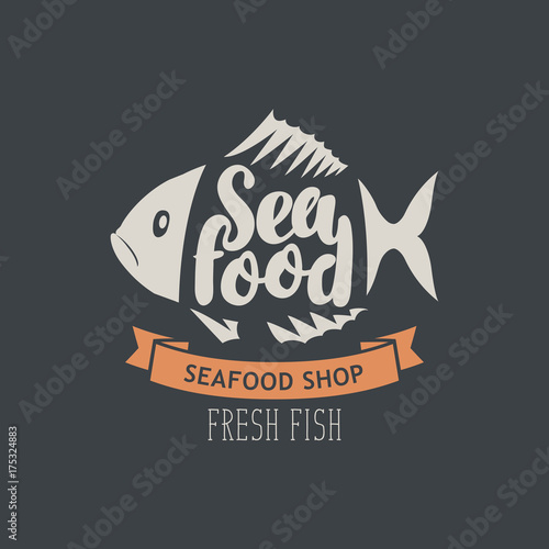 Vector emblem or banner for seafood shop with decorative fish, inscription seafood and words fresh fish on the dark background in retro style.