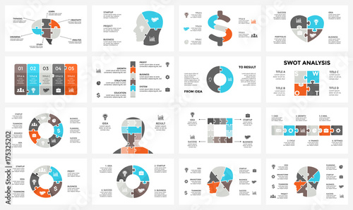 Vector brain infographic. Template for human head diagram, knowledge graph, neural network presentation and face chart. Business idea concept with 3, 4, 5, 6, 7, 8 options, parts, steps. Puzzle jigsaw