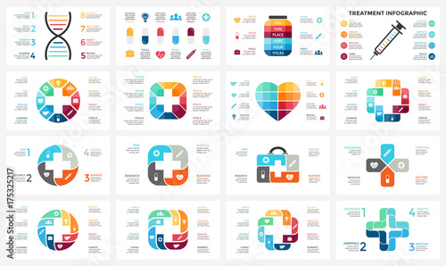 Vector plus infographic, medical diagram, healthcare graph, hospital presentation, emergency chart. Medicine doctor logo. Medication pills treatment. DNA science. Concept with 4, 8 options, parts