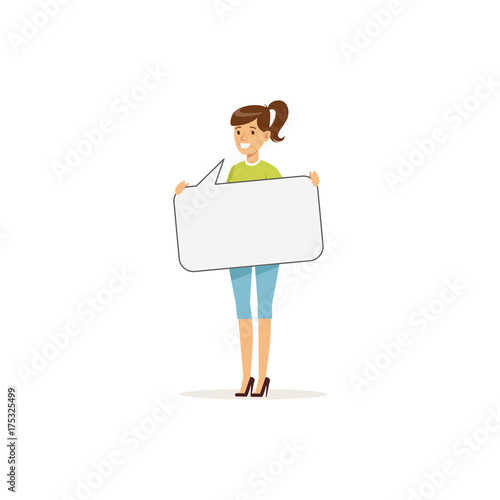 Beautiful smiling woman character with empty message board, speech bubble vector Illustration