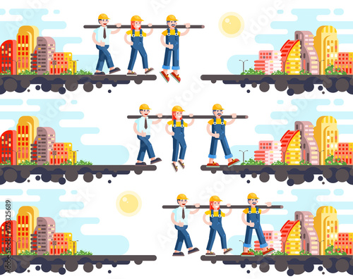 Business process building and mutual assistance, teambuilding management or teamwork, three workers working, strategy of successful start-up flat style