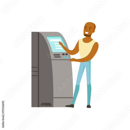 Young black man using cash atm machine vector Illustration