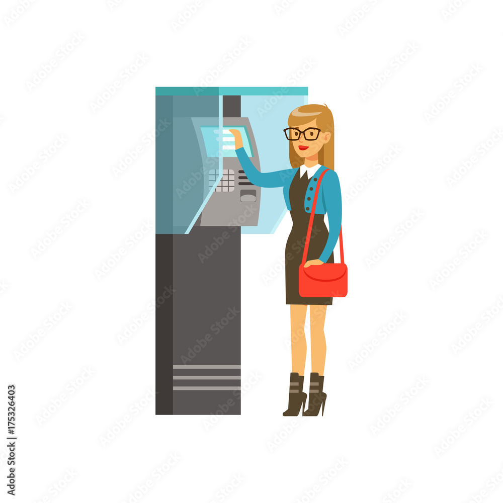 Woman using outdoor Information terminal, people carrying out operations with terminal vector Illustration Woman using outdoor Information terminal, people carrying out operations with terminal vector Illustration
