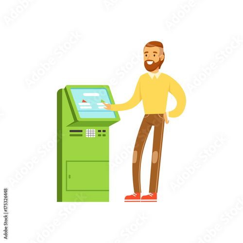 Smiling man using electronic self service payment terminal, people carrying out operations with terminal vector Illustration