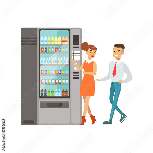 Business people standing next to automatic vending machine with drinks vector Illustration