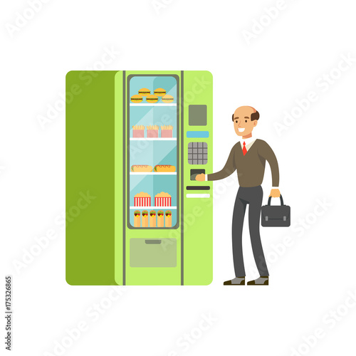 Businessman using automatic vending machine with fast food vector Illustration