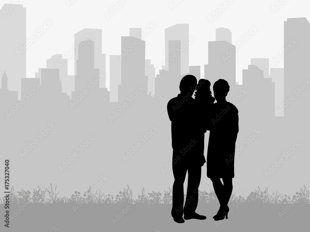 silhouette of family on city background