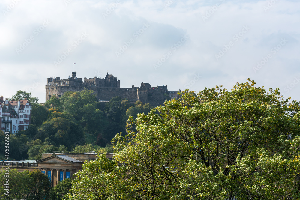 Edinburgh castle behind a tree seen from Scott Monument