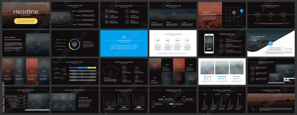 Minimalist presentation templates elements on a dark background. Vector infographics. Use in Presentation, flyer and leaflet, corporate report, marketing, advertising, annual report, banner.