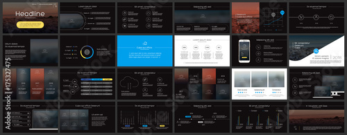 Minimalist presentation templates elements on a dark background. Vector infographics. Use in Presentation, flyer and leaflet, corporate report, marketing, advertising, annual report, banner.