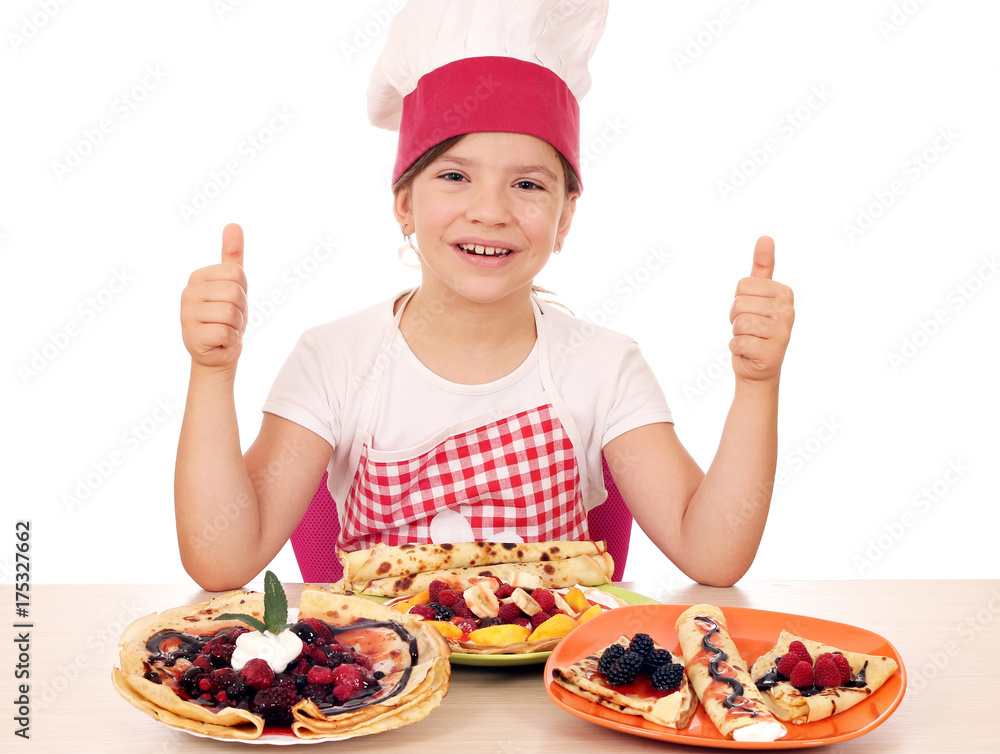 happy little girl cook with crepes and thumbs up happy little girl cook with crepes and thumbs up