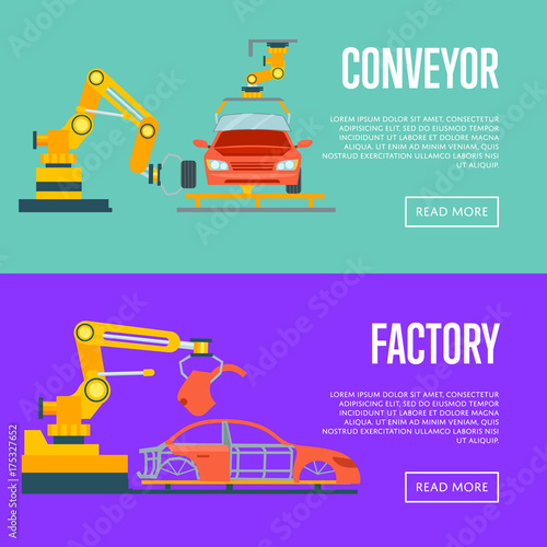 Smart robotic automotive assembly line concept. Modern engineering systems, automobile production line, car manufacturing process. Factory with conveyor for assembly of cars vector illustration.