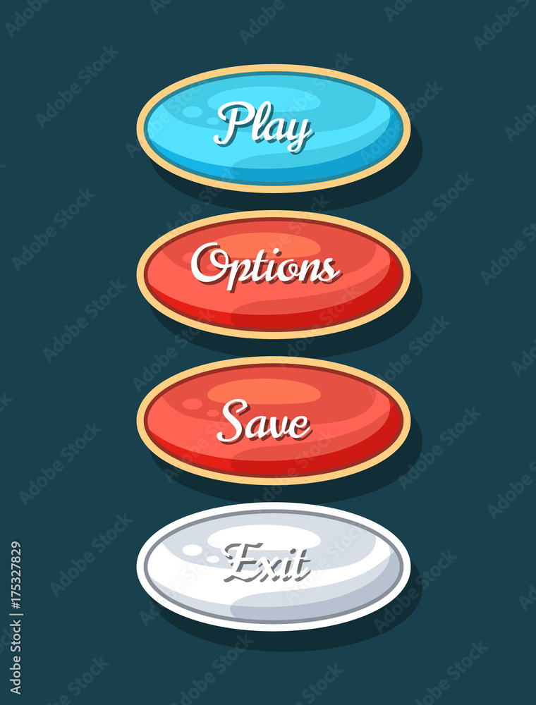 Creative navigation board for computer game menu. Play, save, options and exit cartoon buttons. Bright user design set, app graphical user interface, navigation objects isolated vector illustration. Creative navigation board for computer game menu. Play, save, options and exit cartoon buttons. Bright user design set, app graphical user interface, navigation objects isolated vector illustration.
