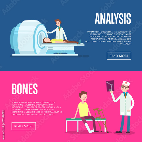 Medical treatment and healthcare posters. Modern clinical analysis, treatment of bone fractures, mri scanning procedure, medical diagnostic tests banner. Doctor visit in clinic vector illustration