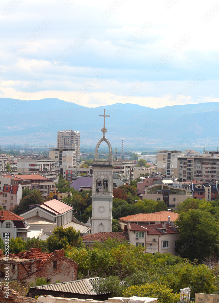 Landscape of Plovdiv with the Tower of the Catholic Cathedral, Bulgaria