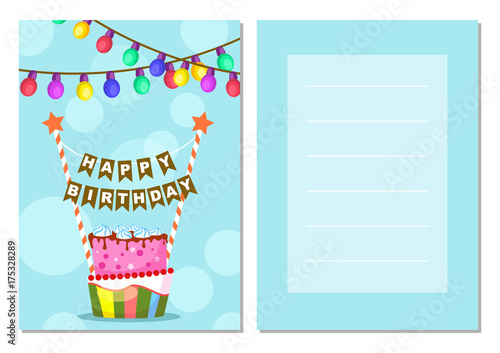 Happy birthday kids postcard set. Holiday congratulation, greeting card with birthday cake and holiday decorations. Invitation templates for children party, event celebration vector illustration