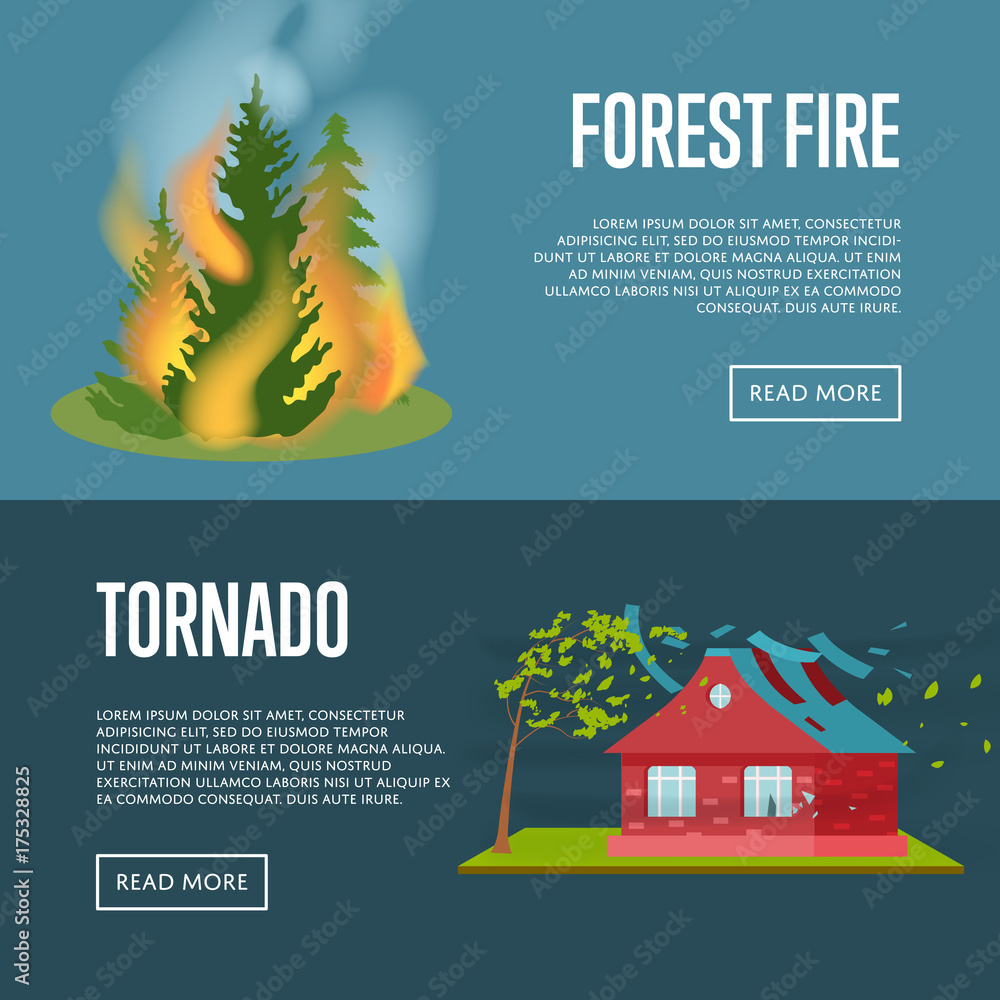 Tornado and forest fire banners. Natural disaster concept, danger regional catastrophe, dangerous weather and extreme climate. Warning about emergency situation vector illustration in cartoon style.