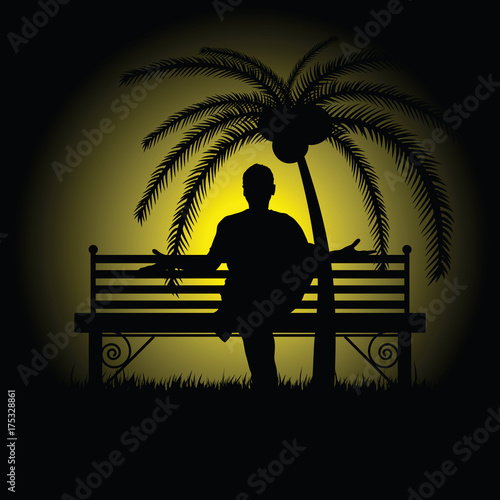 man silhouette sitting and posing on bench illustration