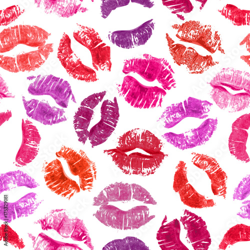 Seamless pattern with lipstick kisses.