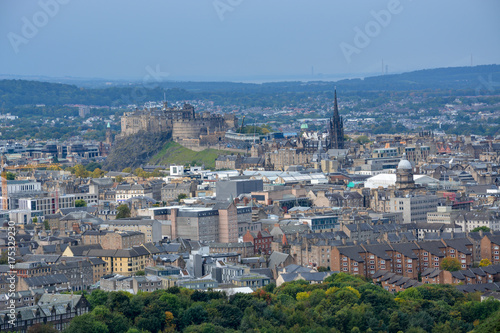 View on Edinburgh castle and the old town from Arthurs Seat, Scotland