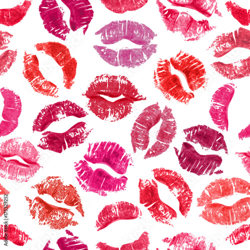 Seamless pattern with lipstick kisses.