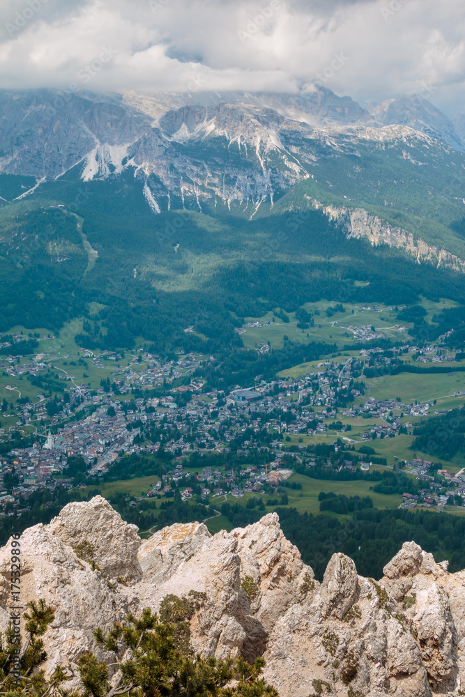 view from the Mountain of Typical Village in Italian Dolomites Alps