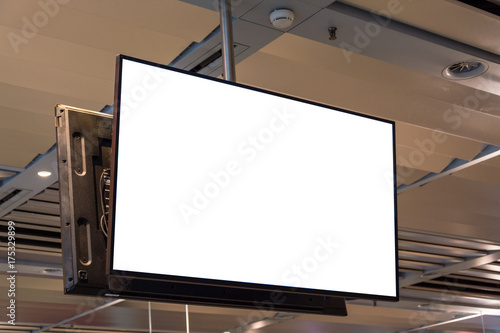 Blank ad space screen hanging from the ceiling