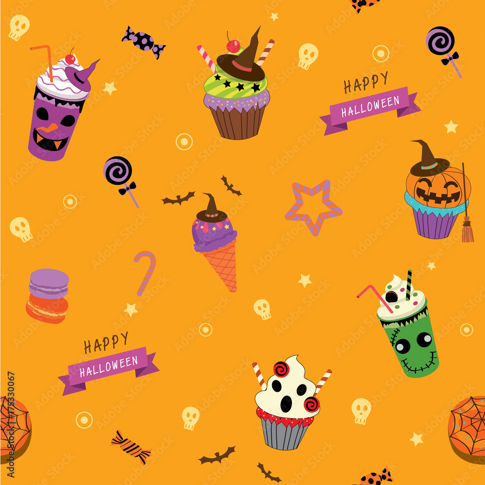 Halloween dessert party seamless pattern orange background color