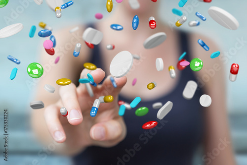 Wallpaper Mural Businesswoman holding and touching floating medicine pills 3D rendering Torontodigital.ca