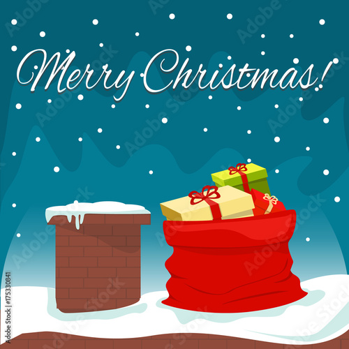 Christmas night, chimney and red sack on the roof