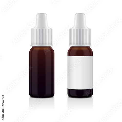 Realistic essential oil brown bottle set. Mock up bottle cosmetic or medical vial, flask, flacon 3d illustration set