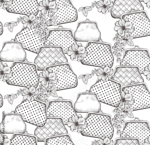 Vintage handbag, clutches pattern vector. Line art hand drawn graphic styles